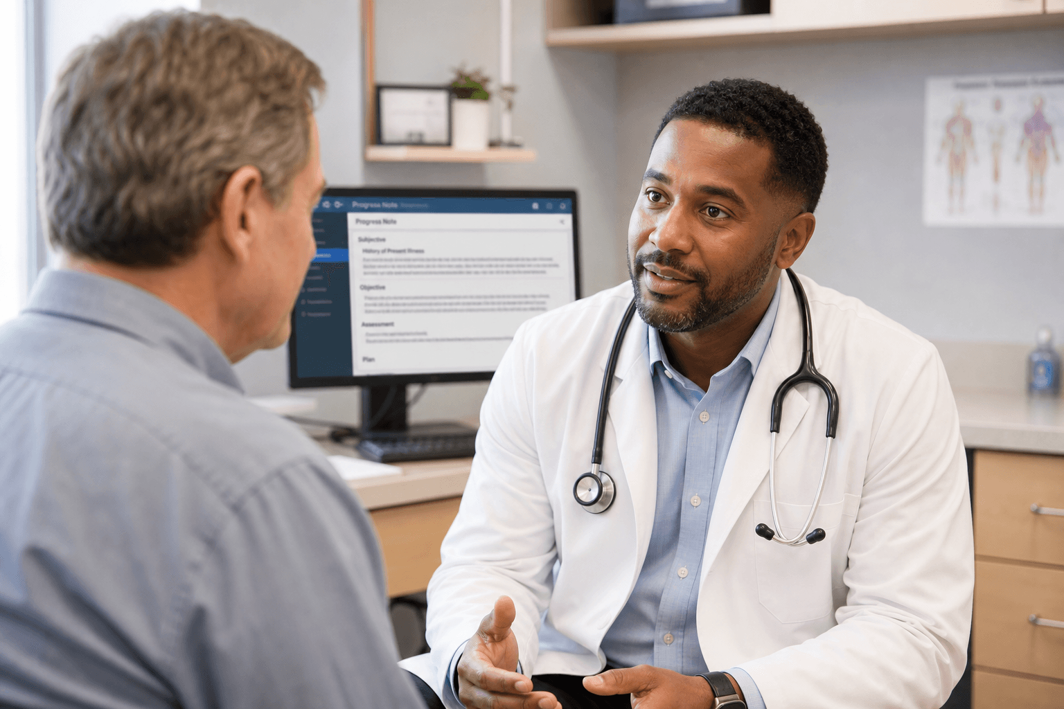 A clinician maintaining eye contact with a patient during a consultation, with a workstation in the background displaying a clinical note being populated automatically.