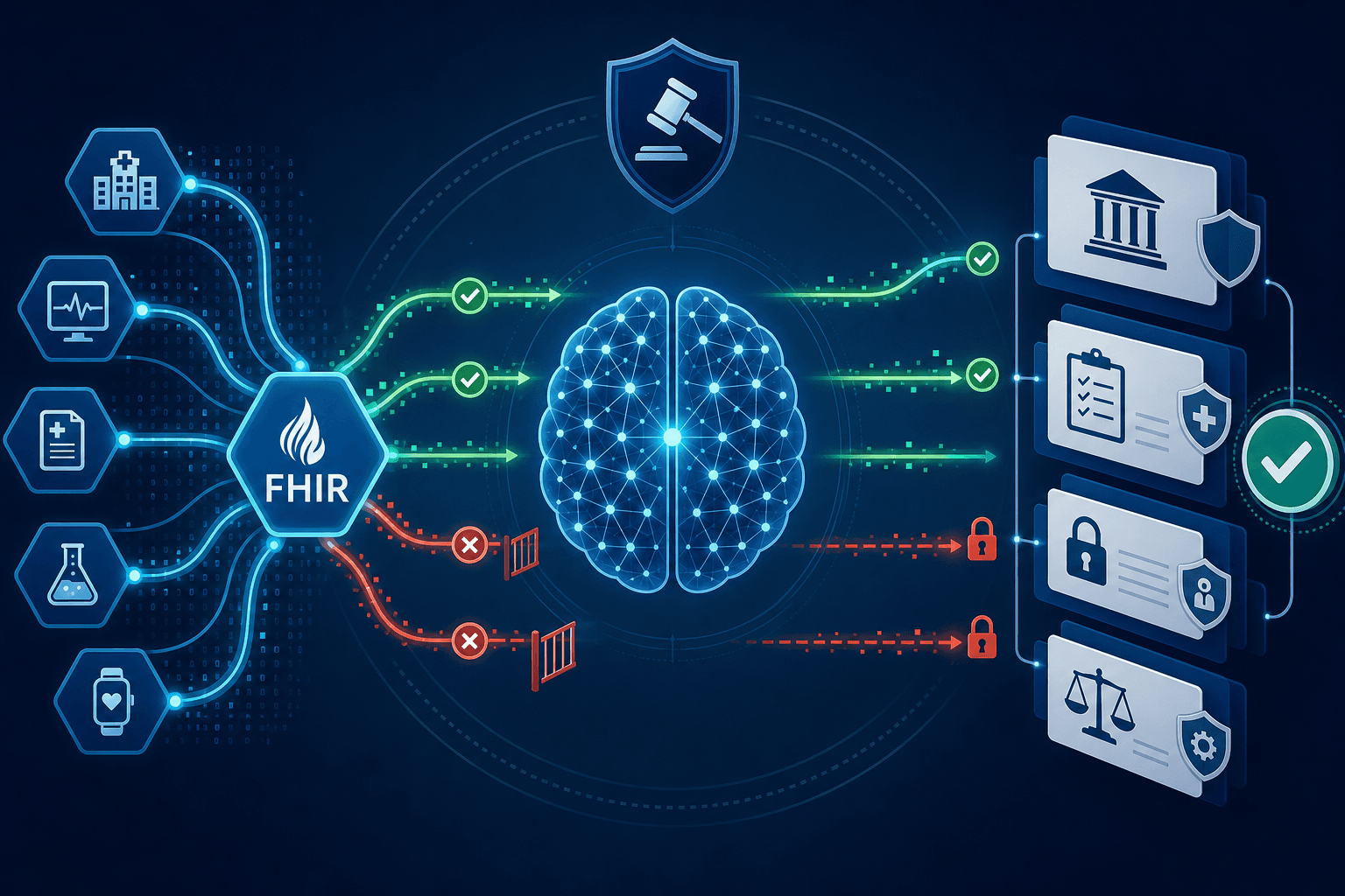 Abstract illustration of regulated health data flow with API nodes, a neural network motif, and policy documents showing compliant and blocked data pathways