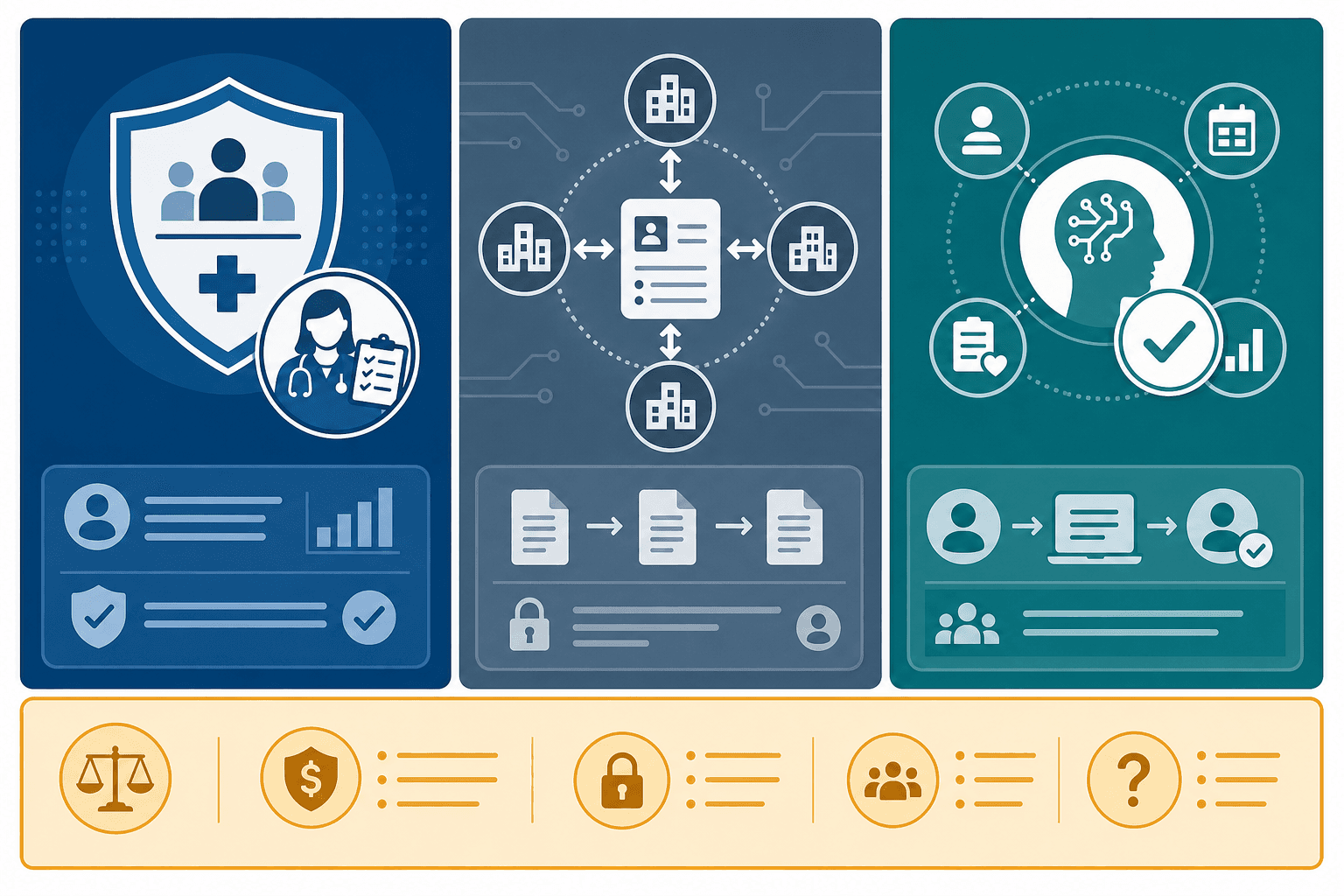 Three vertical panels representing the three federal regulatory instruments: a Medicare Advantage shield with clinician review overlay, a FHIR data-exchange motif with connected institutional nodes, and an AI-assisted workflow node with a human-oversight checkmark, unified by an amber horizontal band.