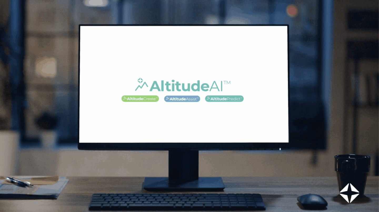 Waystar AltitudeAI platform branding and product interface on a dark-themed digital display