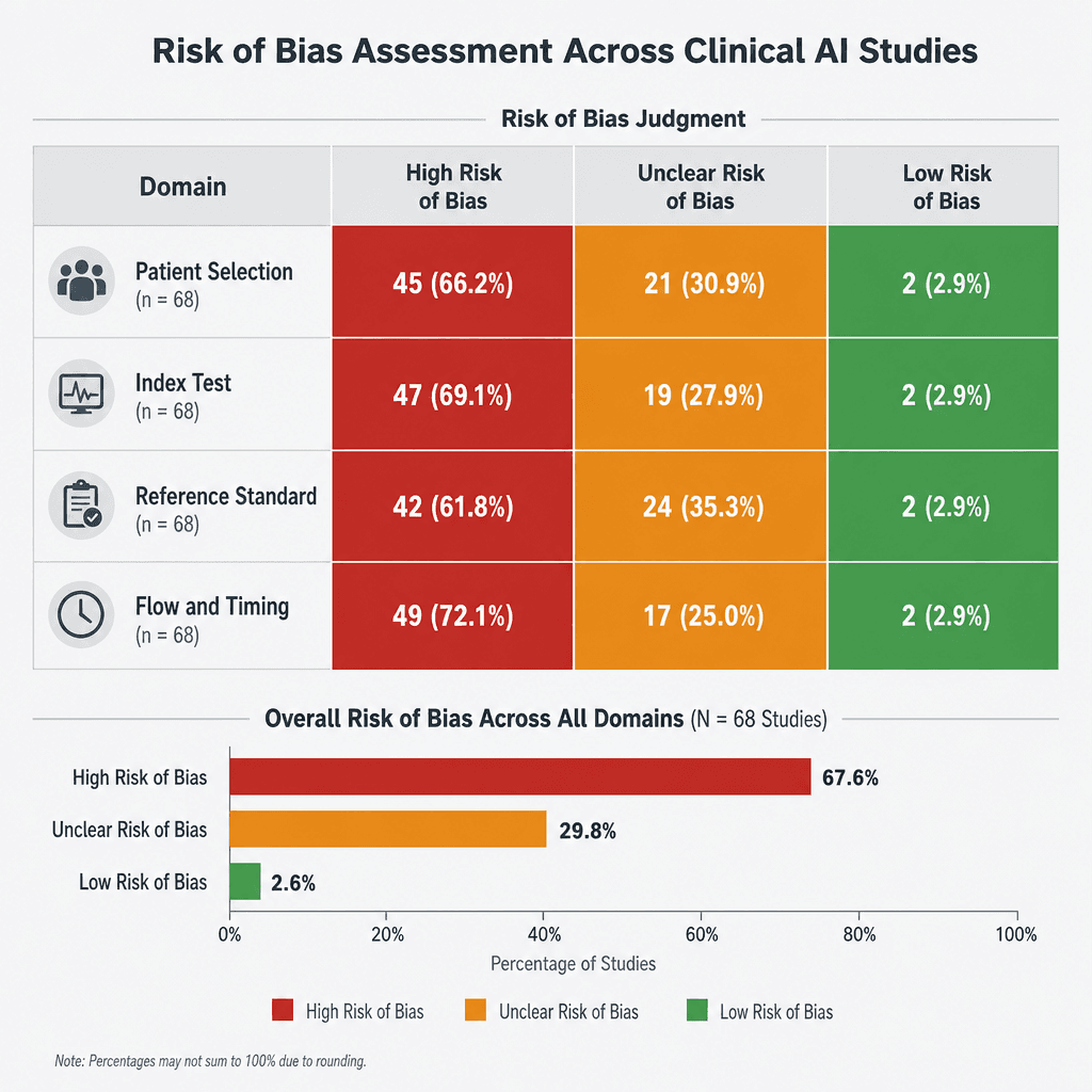 QUADAS-2 risk-of-bias matrix showing predominantly red and amber cells across four domains for included studies