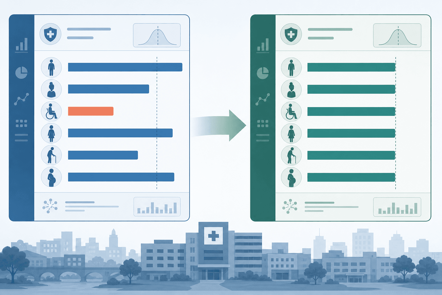 Split-panel illustration showing demographic subgroup performance bars diverging on the left (baseline bias) and equalizing on the right (after threshold adjustment), with diverse patient silhouettes and an urban hospital backdrop.