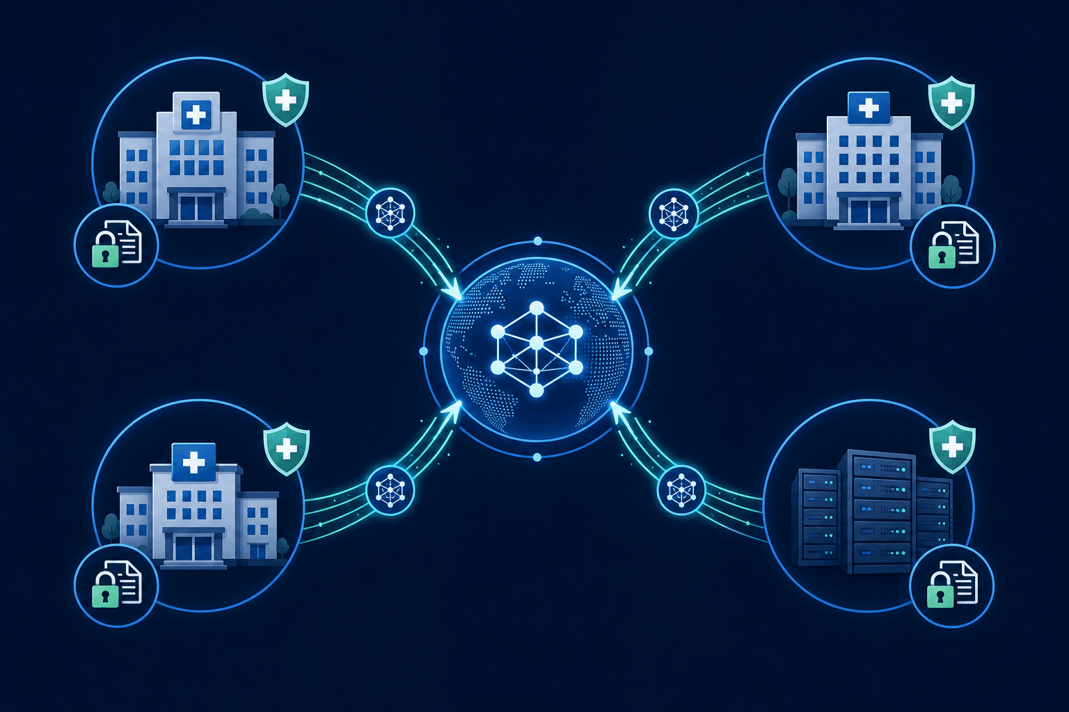 Radial infographic showing a central aggregator node connected to four hospital institution nodes, with model update arrows flowing inward and locked data icons anchored at each site.