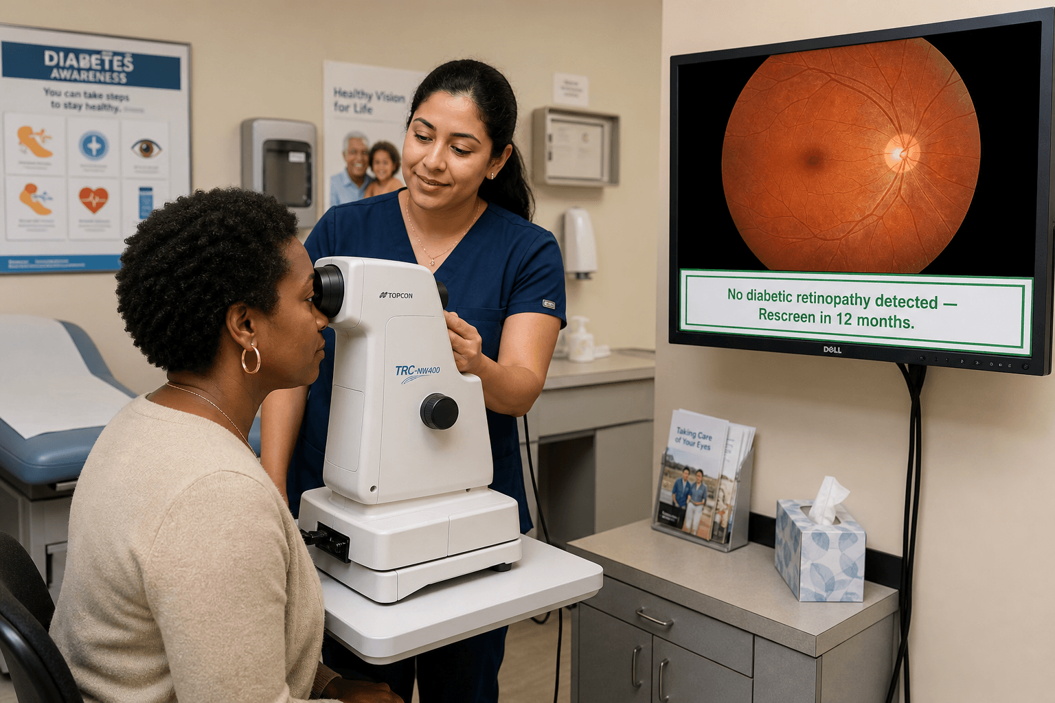 A patient at a nonmydriatic fundus camera in a community primary care clinic, with a medical assistant and a wall-mounted AI output panel showing no diabetic retinopathy detected.