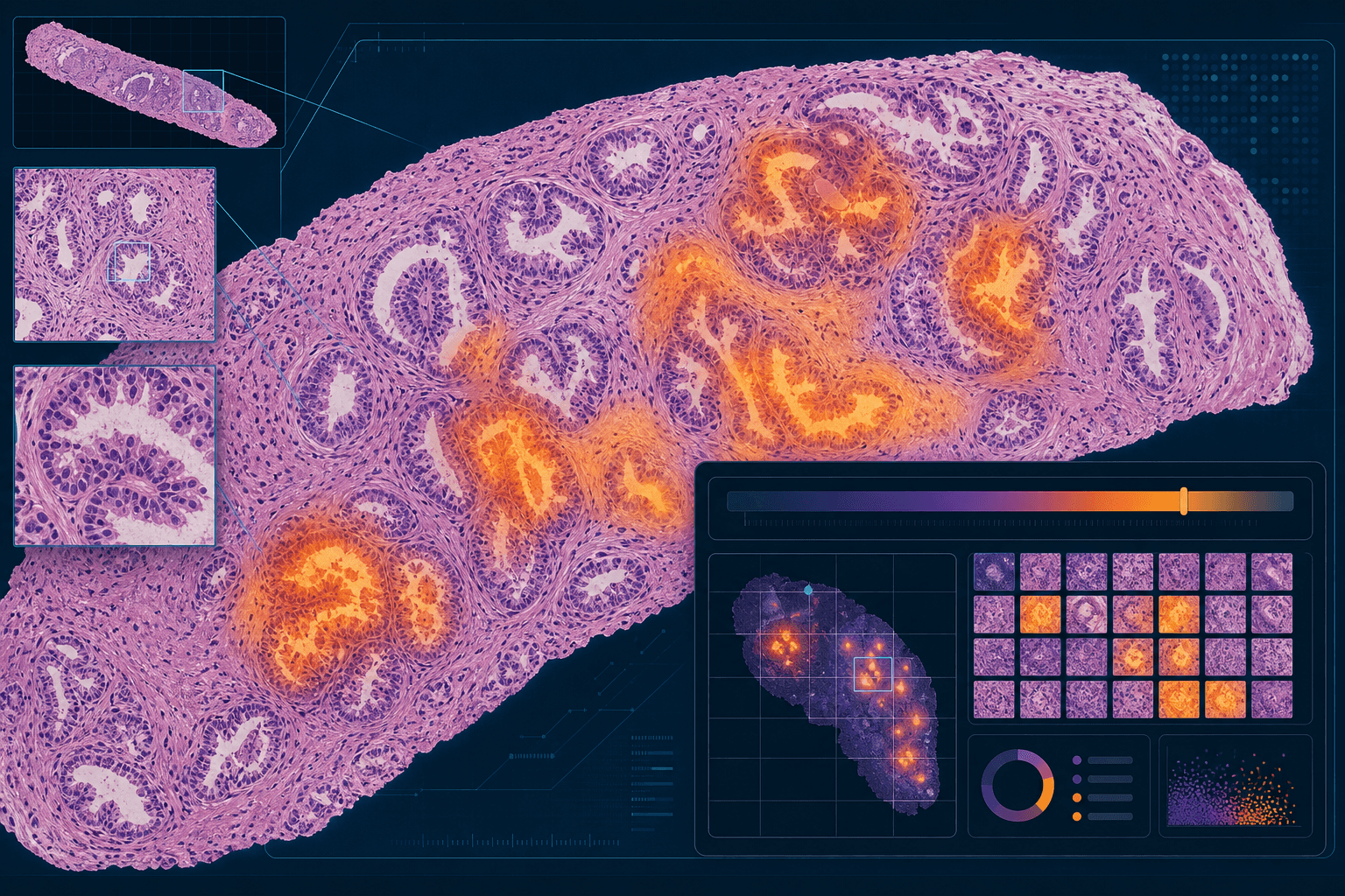 Stylized H&E-stained tissue whole slide image with an amber-orange AI attention heatmap overlay and a minimal diagnostic dashboard panel on a deep blue-teal background.