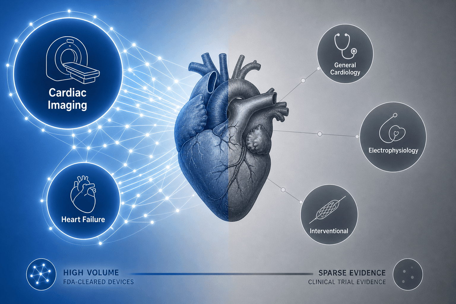 Anatomical heart schematic with five proportional nodes representing cardiology AI subspecialties, split between high-volume FDA clearance on the left and sparse clinical trial evidence on the right