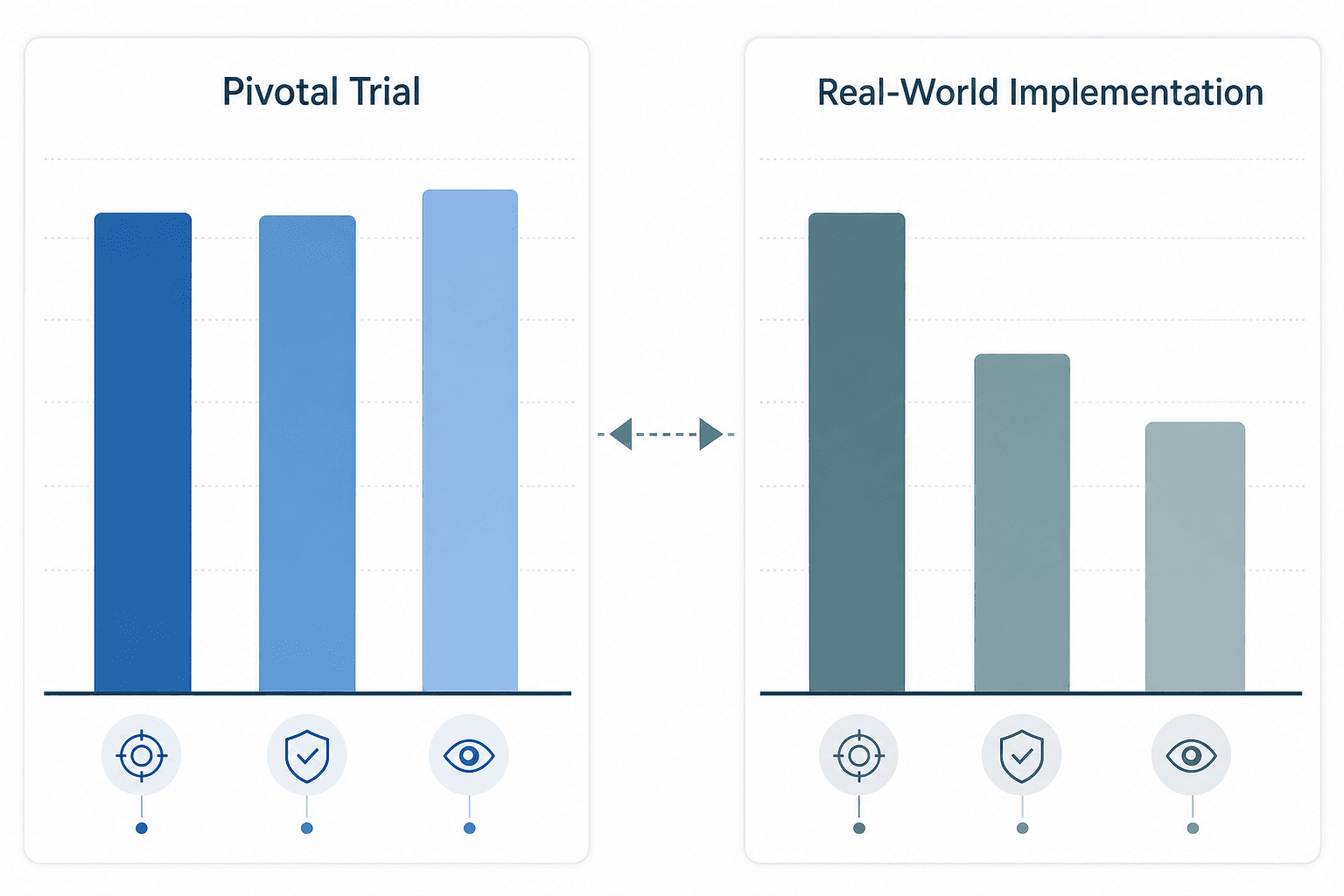 Side-by-side bar chart comparison showing high sensitivity, specificity, and gradability in pivotal trial conditions versus lower specificity and gradability in real-world implementation