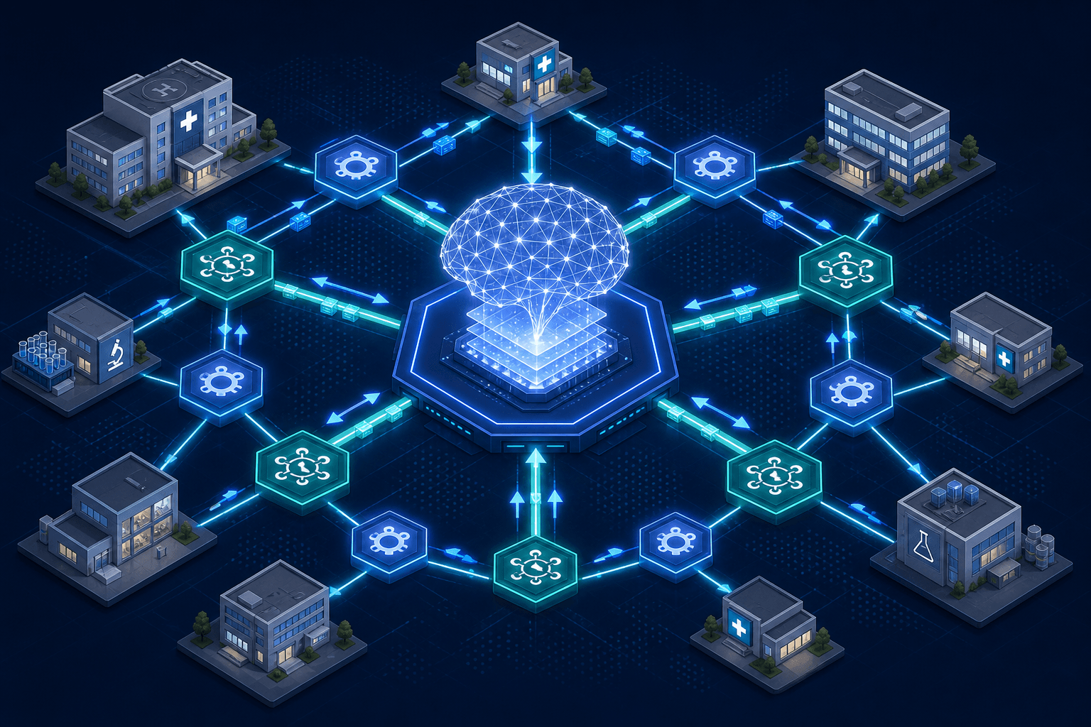 Isometric illustration of a national health data network with hexagonal QHIN nodes and FHIR API endpoints interconnected by glowing blue-teal data flow lines, feeding into a central AI inference layer.