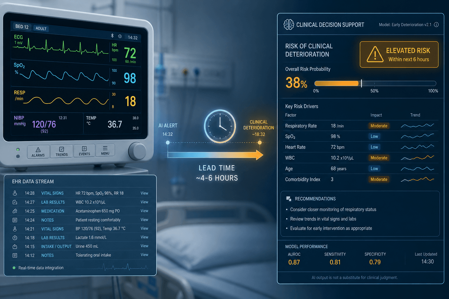 A split clinical composition showing a hospital bedside patient monitor with vital sign waveforms and EHR data streams connected by a timeline motif to an AI clinical decision support panel displaying a risk score interface with an amber risk flag.