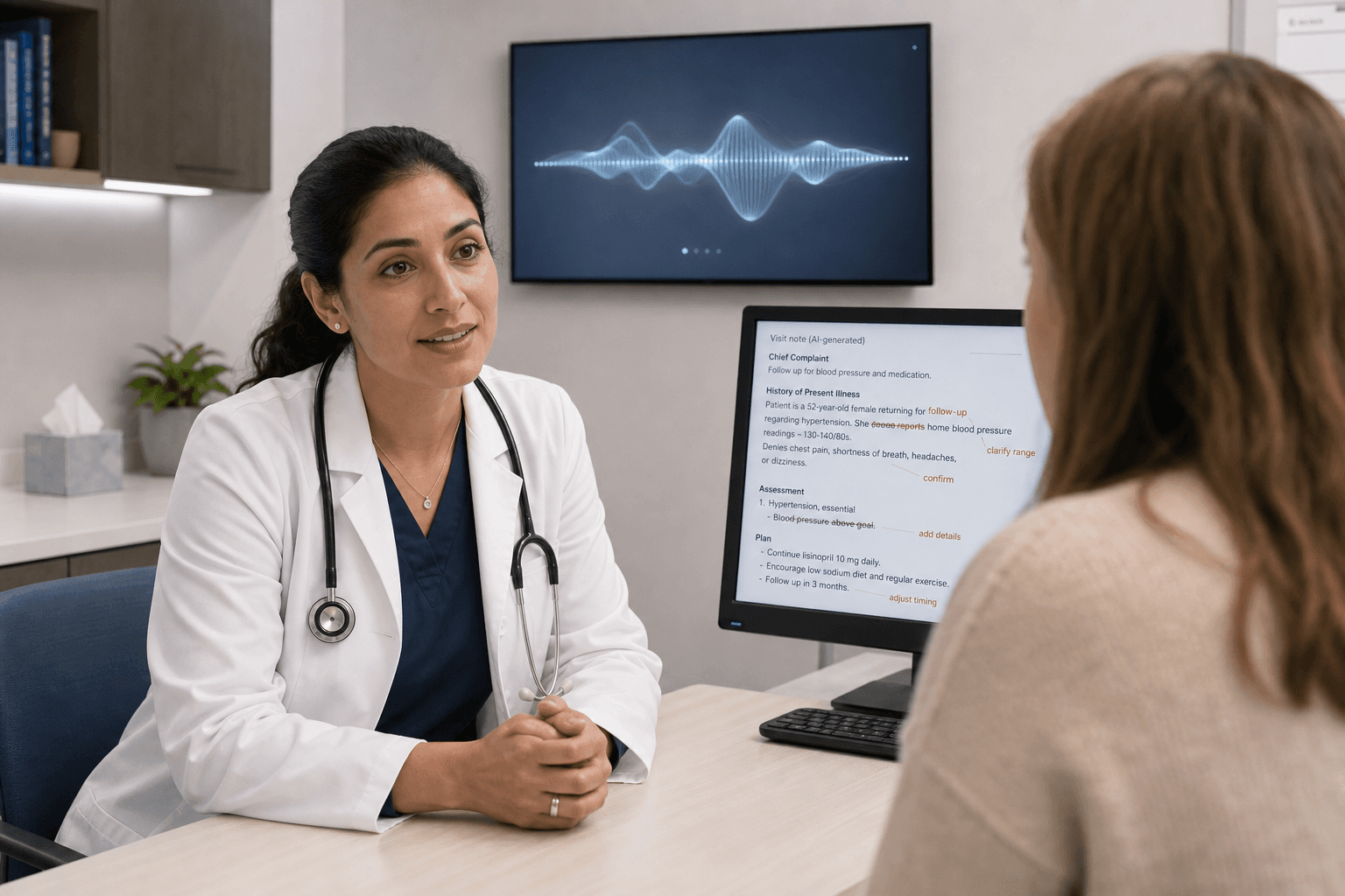 A clinician maintains eye contact with a patient during a consultation while an ambient AI waveform interface appears unobtrusively on a background display and a monitor shows AI-generated clinical notes with physician edit markup.