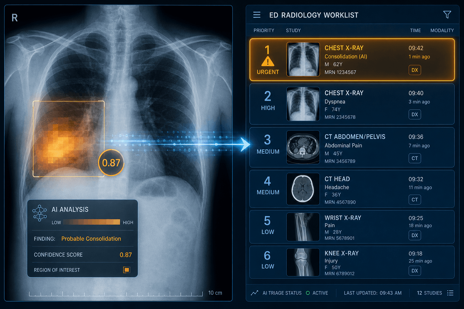 Split-panel illustration showing a chest X-ray with an amber AI heat map overlay on the left, and a stylized ED radiology worklist with urgency-ordered case cards on the right, connected by a blue data-flow line.