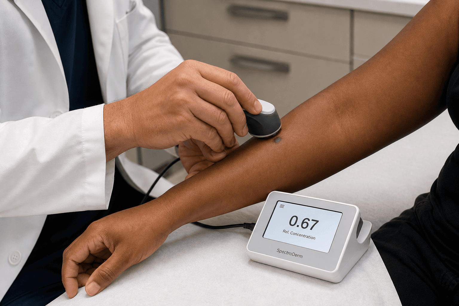 A physician's hands holding a handheld spectroscopy probe against a skin lesion on a patient's forearm with medium-to-dark brown skin tone, with a small numeric readout displayed on an adjacent screen in a primary care exam room.