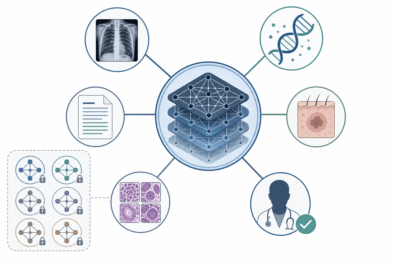 Schematic showing a central neural network node branching outward to six clinical domain icons including a chest X-ray, genomic helix, clinical text document, dermatology patch, pathology slide, and physician silhouette, with isolated single-task module icons shown separately in a corner.