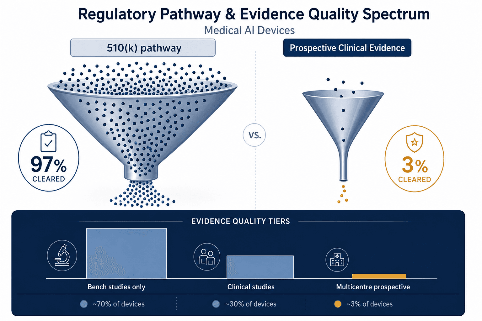 Two contrasting funnels showing high-volume 510(k) clearance versus sparse prospective clinical evidence, with proportional bars for bench-study-only, clinical study, and prospective multicentre validation types