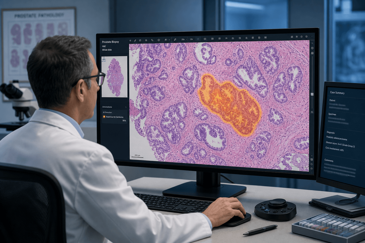 A pathologist at a digital pathology workstation reviewing a whole slide image of prostate biopsy tissue with an AI probability heatmap overlay highlighting a suspicious region.