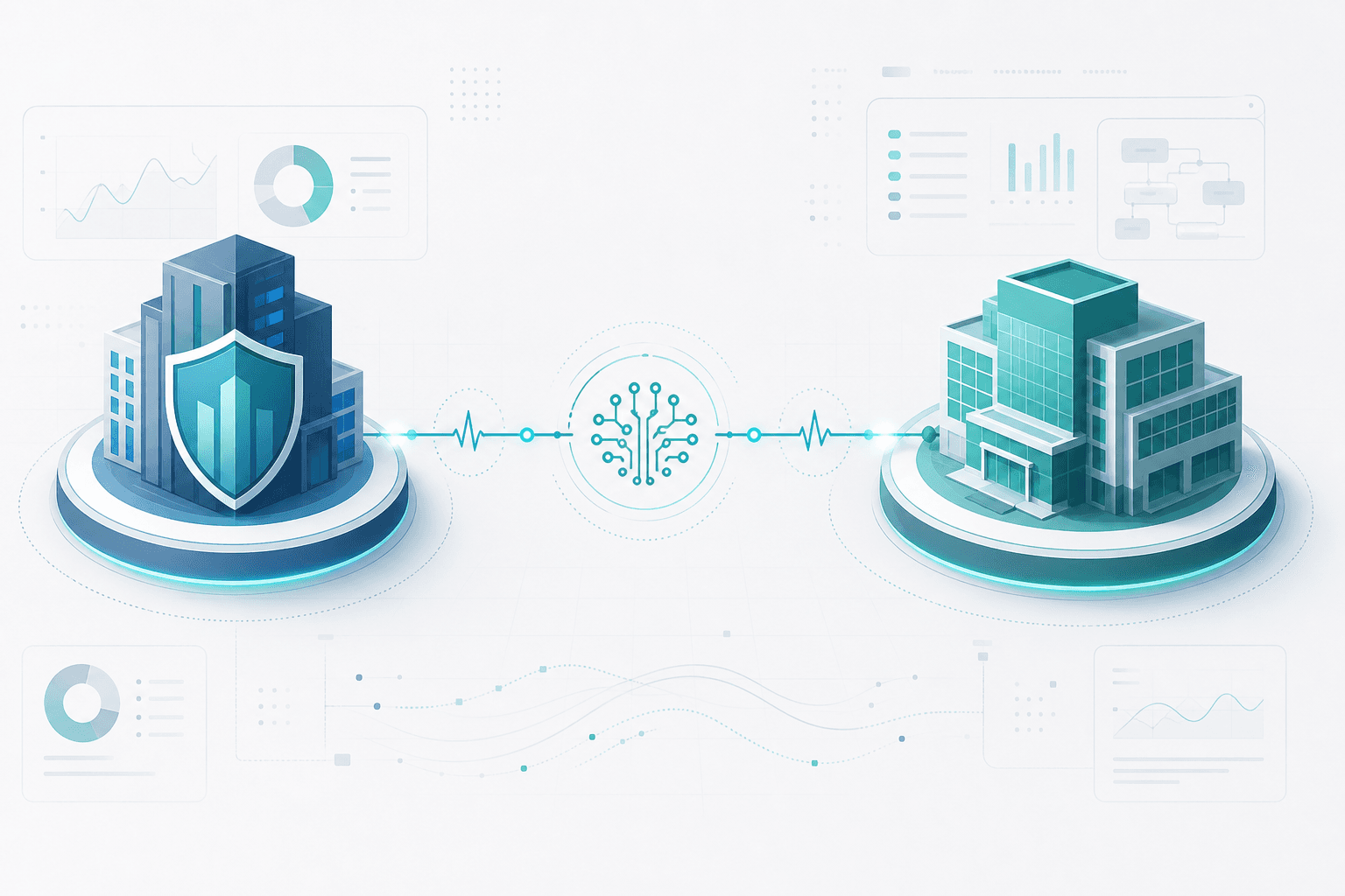 Conceptual illustration of two interconnected platform nodes representing a payer organization and a provider health system connected by an AI-powered data flow line