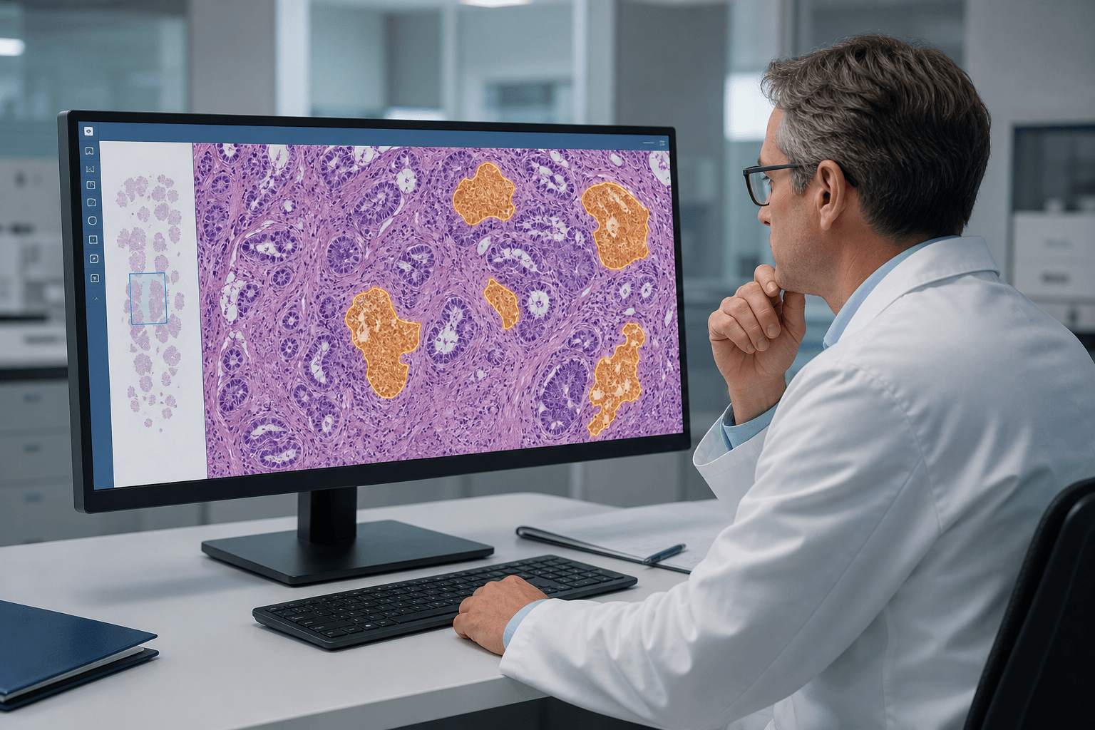 A pathologist reviews a digitized prostate biopsy whole slide image on a clinical workstation, with amber AI highlight regions overlaid on tissue areas flagged as suspicious for cancer.