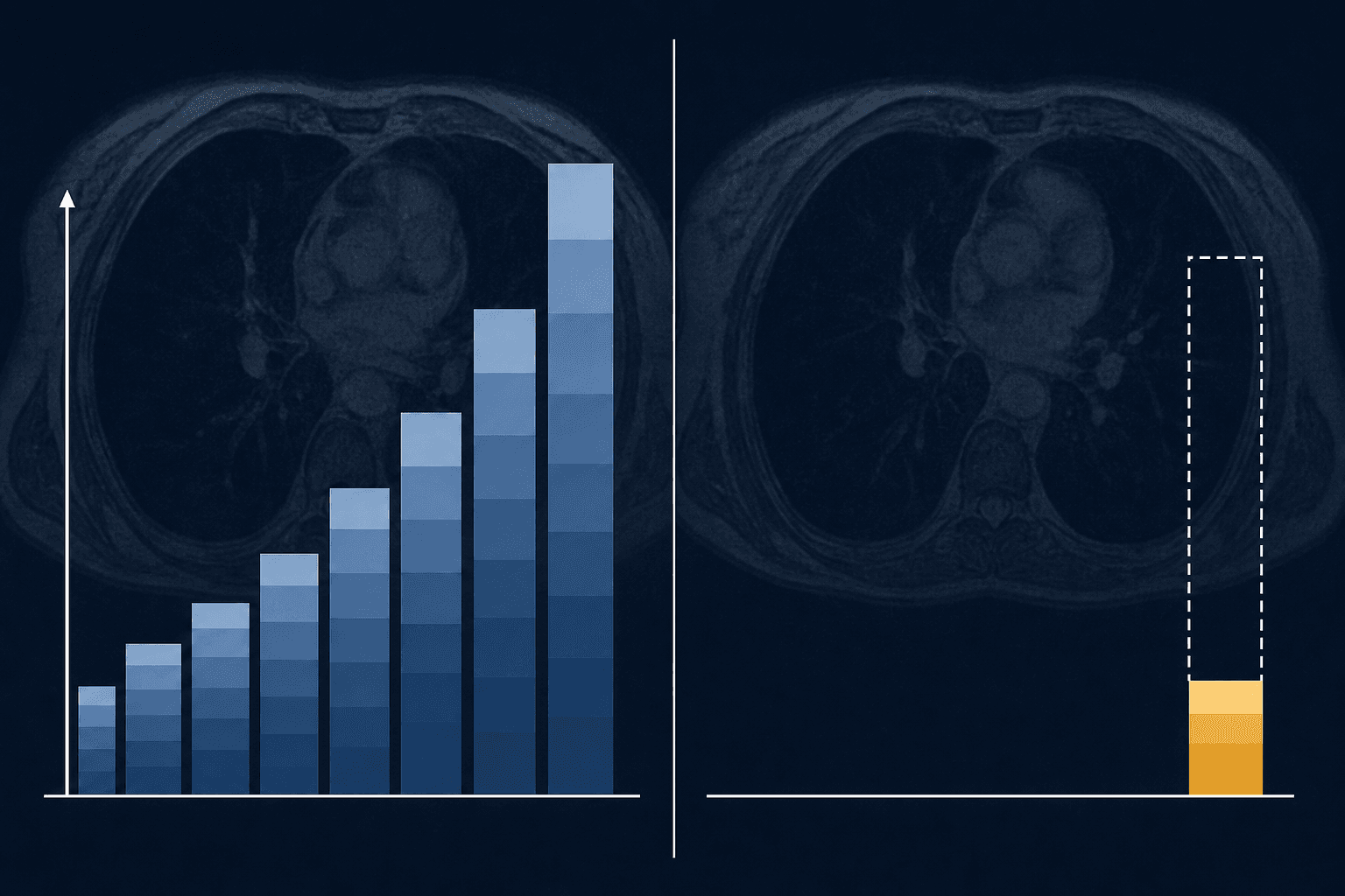 Split illustration showing a tall bar chart of FDA-cleared radiology AI device counts on the left versus a small amber segment representing devices with clinical evidence on the right