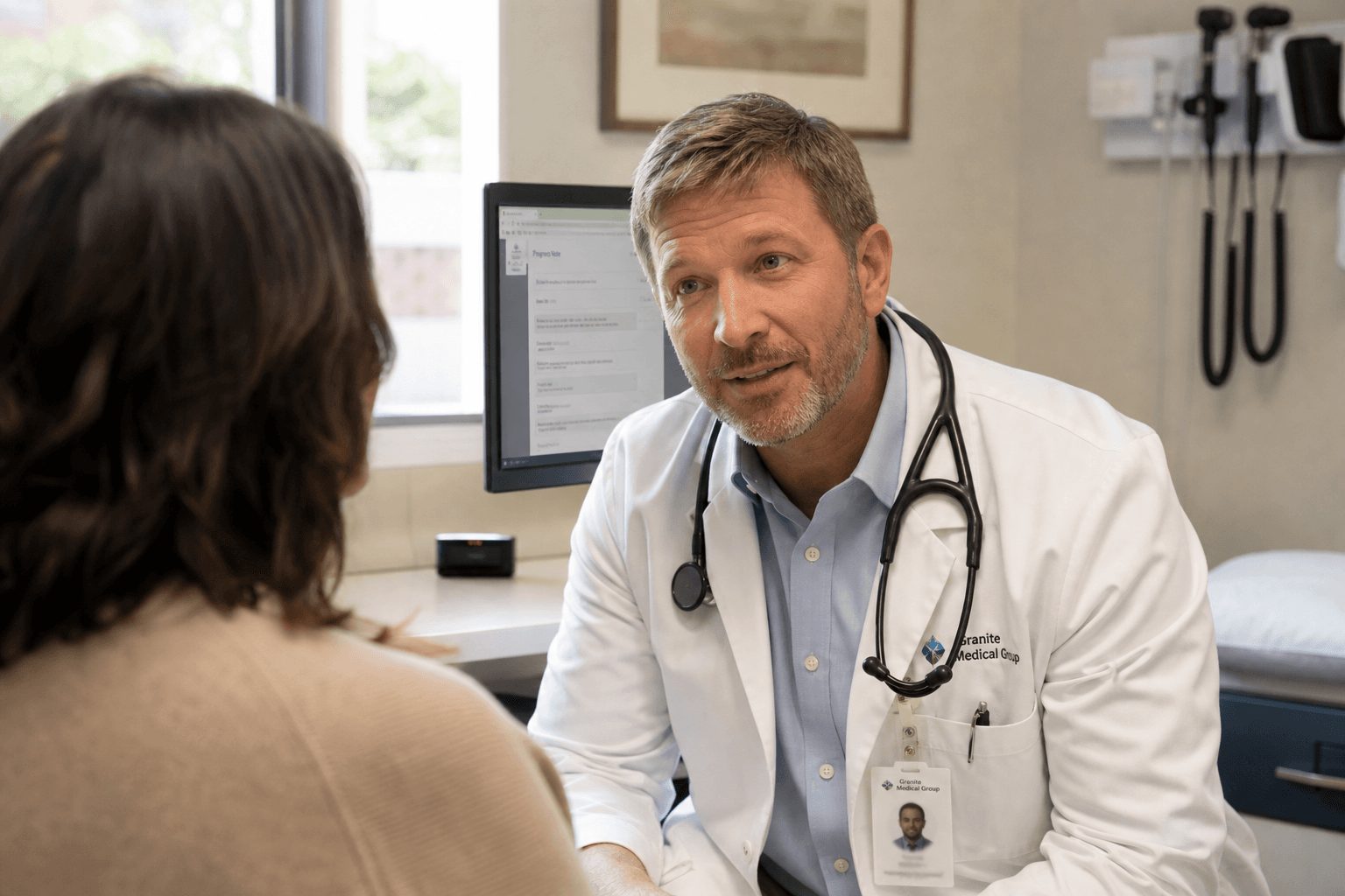 A physician in a modern outpatient exam room maintaining eye contact with a patient while a small ambient recording device sits unobtrusively on the desk and a clinical note draft is visible on a secondary screen.