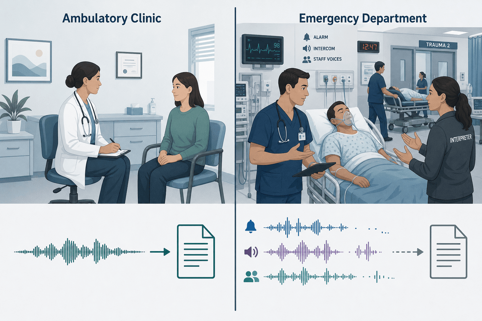 Side-by-side diagram contrasting a quiet ambulatory clinic with a clean audio waveform versus an emergency department with fragmented overlapping waveforms representing noise, multiple speakers, and a nonverbal patient.