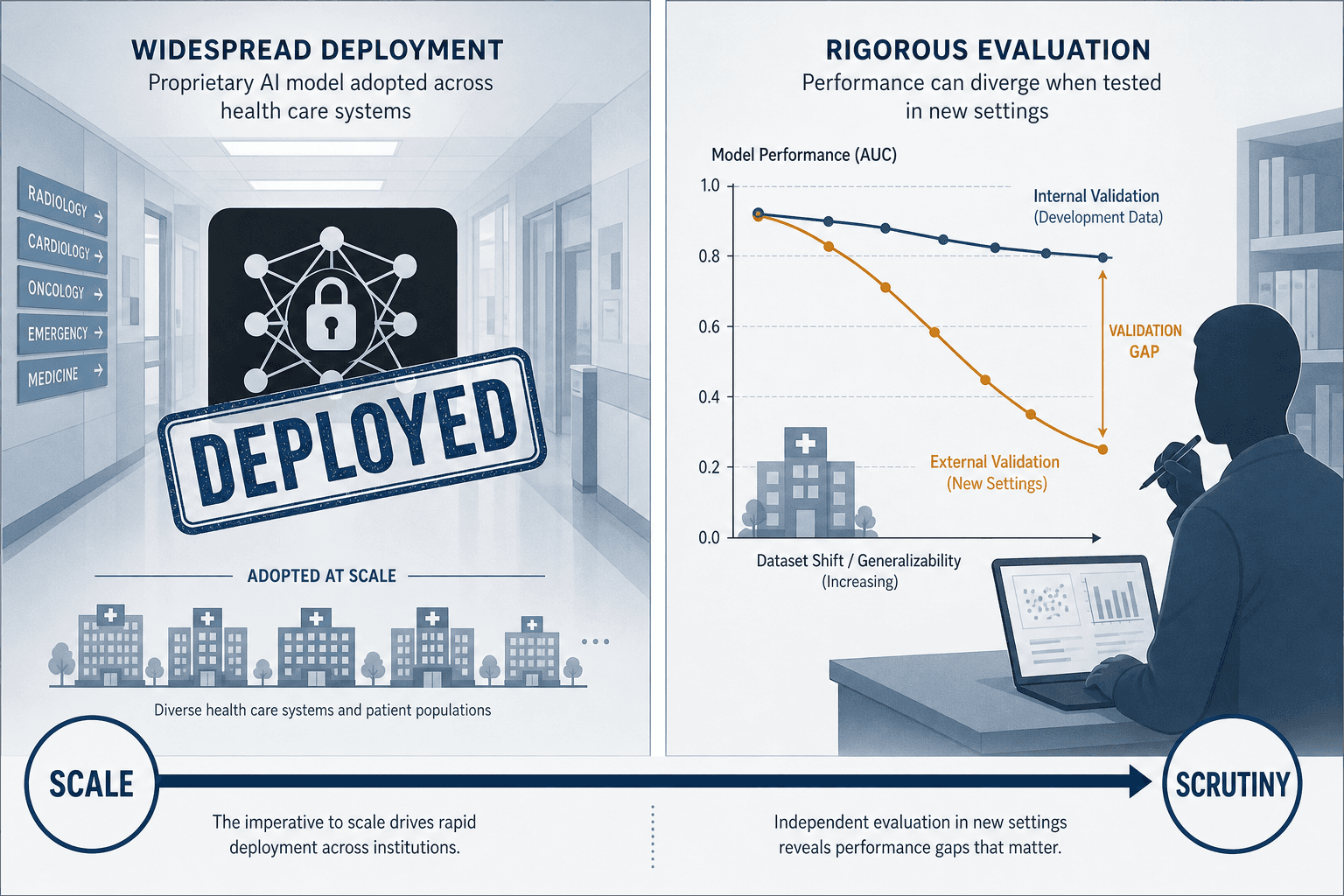 Split-panel editorial illustration showing a padlocked AI algorithm deployed at scale on the left, and a researcher examining diverging internal versus external validation curves on the right, with a central arrow from SCALE to SCRUTINY.