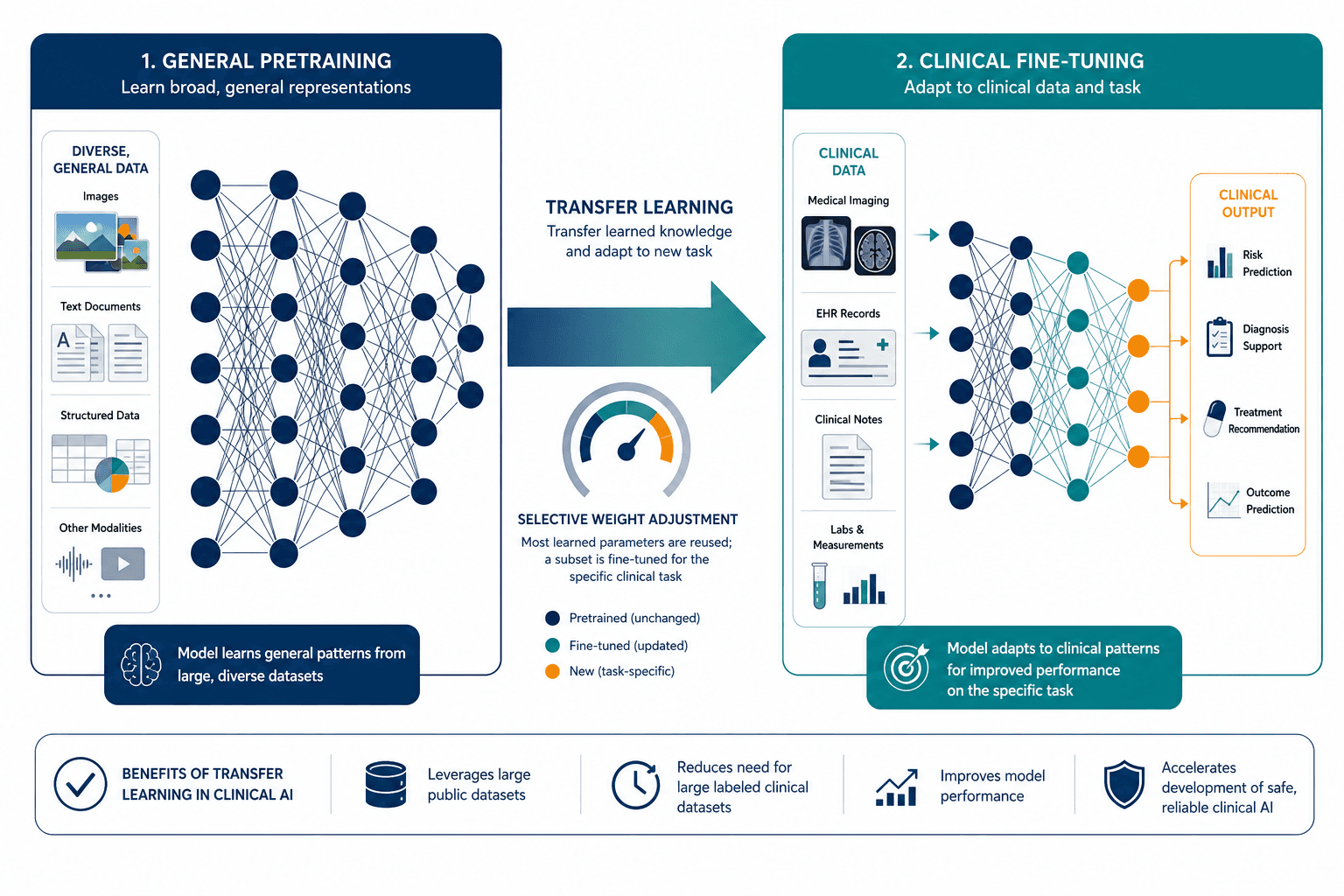 Two-panel diagram showing a large general neural network on the left connected by a directional arrow to a smaller, clinically targeted network on the right with medical imaging and EHR data flowing in.