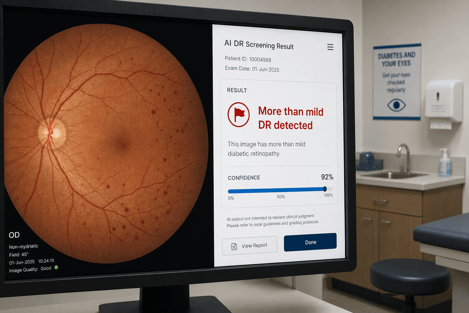 Split-panel image showing a retinal fundus photograph on the left with visible microaneurysms and hemorrhages, and a digital AI diagnostic interface on the right displaying a binary clinical decision flag and confidence indicator in a primary care setting.