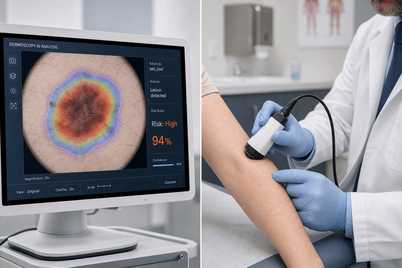 Split clinical illustration showing a dermoscopy AI heatmap on a medical monitor on the left and a physician using a handheld spectroscopy probe on a patient's forearm on the right.