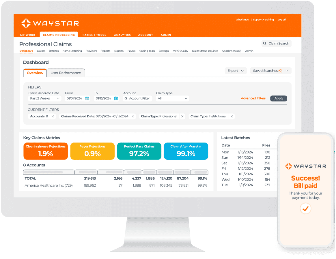Combined Waystar and Iodine Software platform interface showing integrated clinical and financial AI tools side by side
