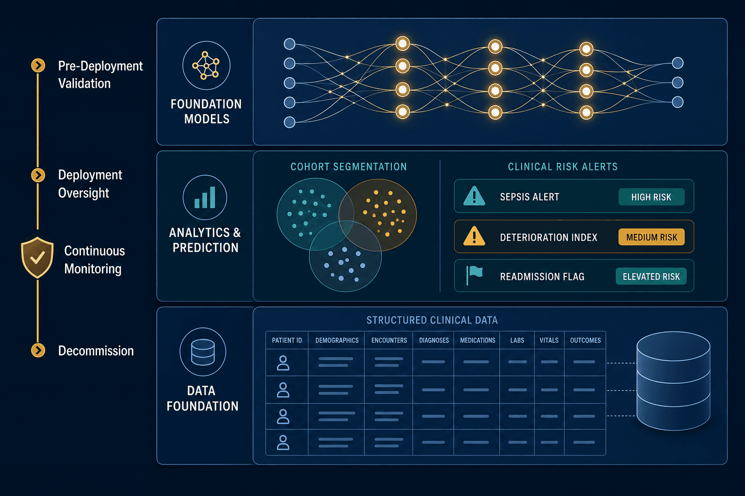 Layered stack infographic showing three tiers of a clinical AI analytics ecosystem — Data Foundation, Analytics and Prediction, and Foundation Models — with a vertical governance lifecycle column on the left indicating Pre-Deployment Validation, Deployment Oversight, Continuous Monitoring, and Decommission phases.
