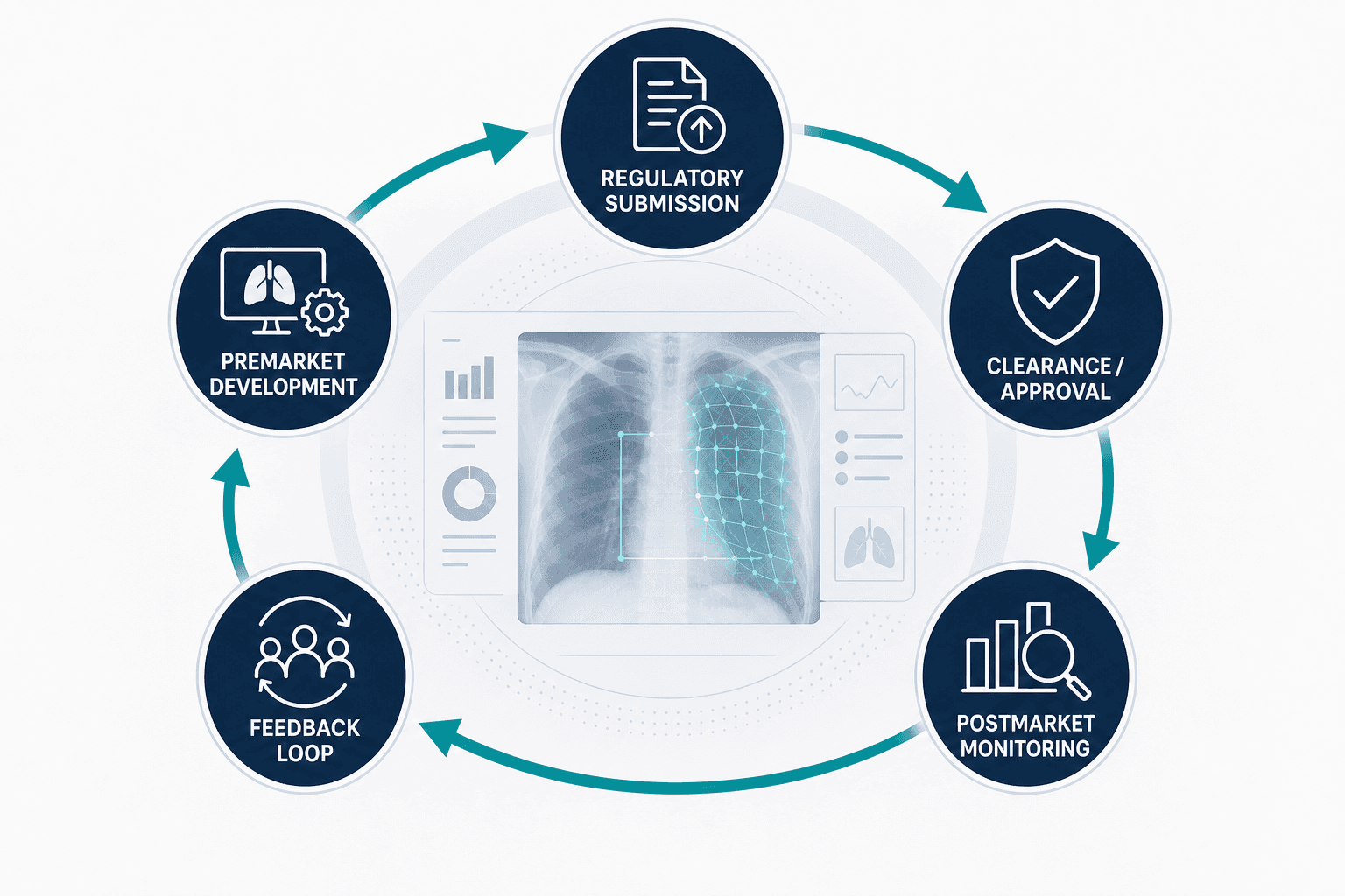 Circular arc-shaped lifecycle flow diagram for an AI-enabled medical device, showing stages from premarket development through regulatory submission, clearance, and postmarket monitoring connected by teal arrows