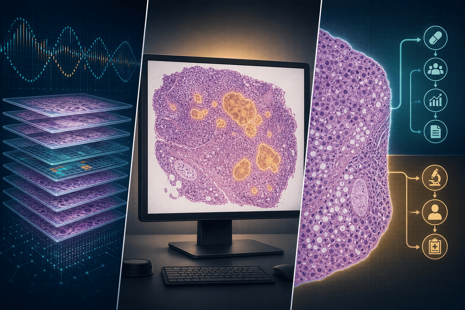 Split-panel editorial illustration showing three vertical sections converging on a central clinical workstation displaying an H&E-stained whole-slide tissue image with AI detection overlays, with data visualization panels on either side.