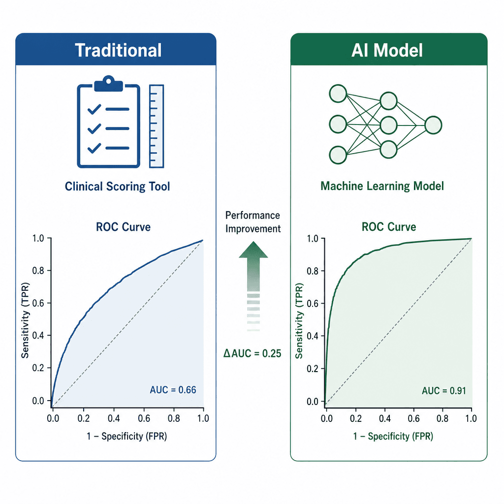 Side-by-side comparison diagram showing ROC curves for traditional scoring tools versus AI models, with the AI model curve showing a larger area under the curve.