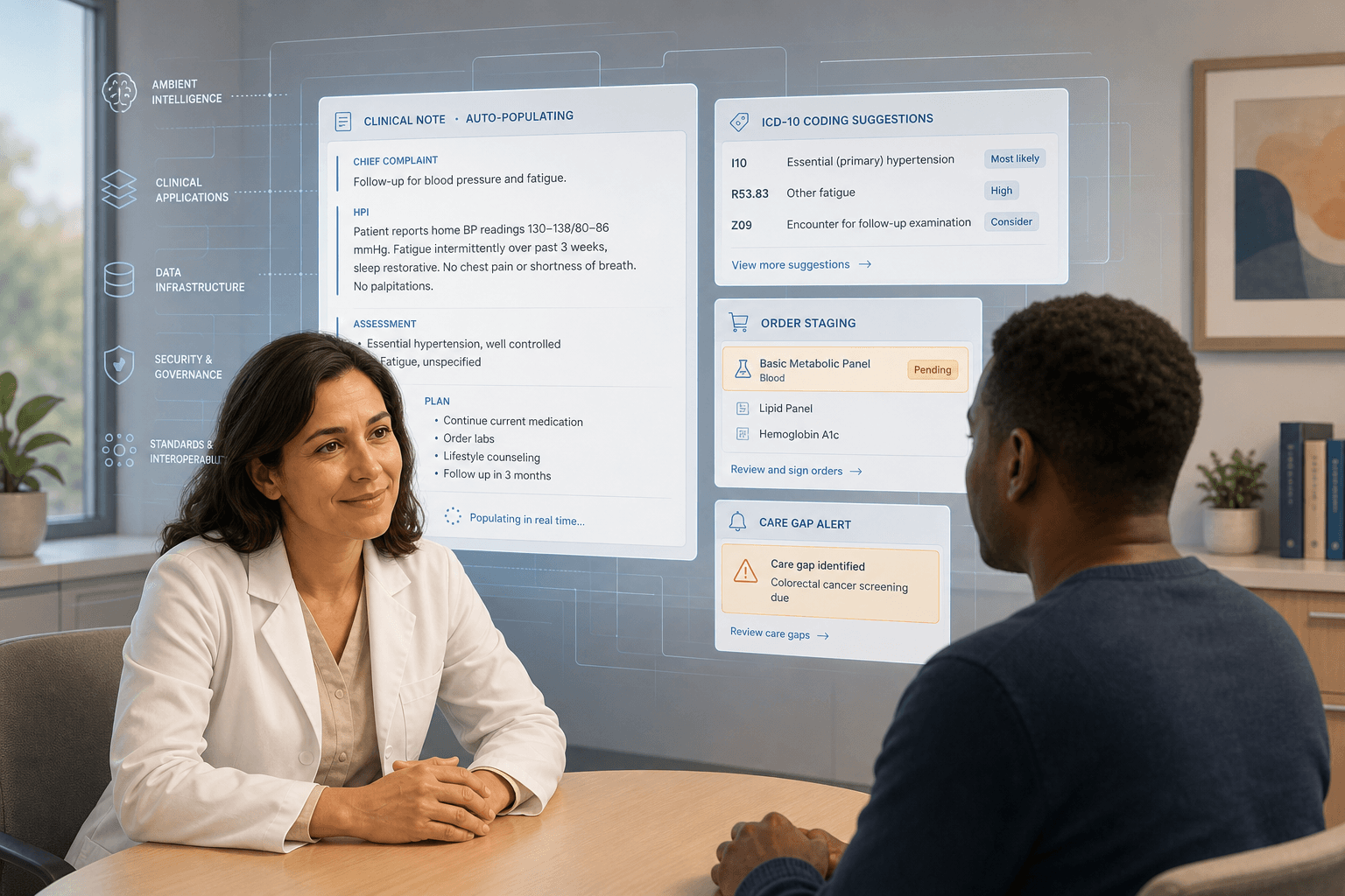 Physician and patient in face-to-face consultation with layered ambient AI interface panels visible on a background workstation showing note auto-population, coding suggestions, order staging, and care gap alerts.