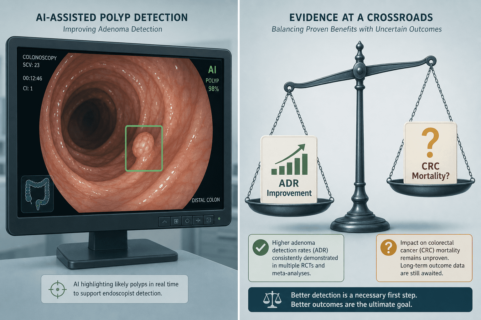 Split-panel illustration showing a colonoscopy AI detection screen on the left and an evidence balance scale weighing ADR improvement against CRC mortality uncertainty on the right.